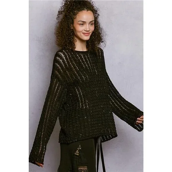 POL Openwork Round Neck Knit Top with Shiny Detail